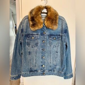 Michael Kors Blue Denim Jacket with Brown Faux Fur Collar